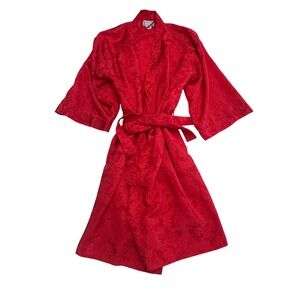 Vintage Inhibitions Red Satin Kimono Robe One Size Floral Jacquard Lingerie